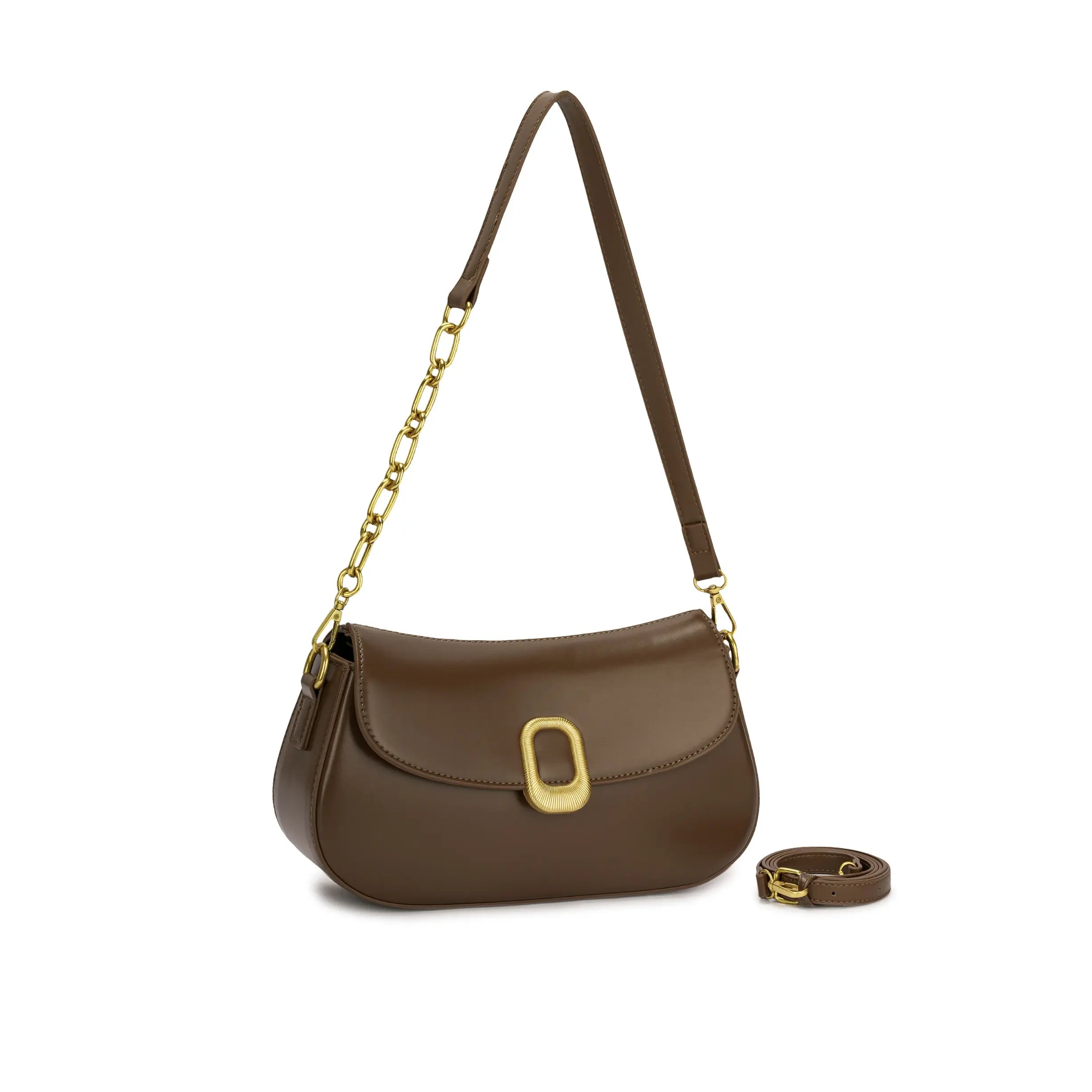 Visão frontal da Bolsa Baguete Clarissa marrom escuro, mostrando a estrutura clássica da bolsa feminina com alça de corrente alongada. Preto Caramelo Off White Marrom