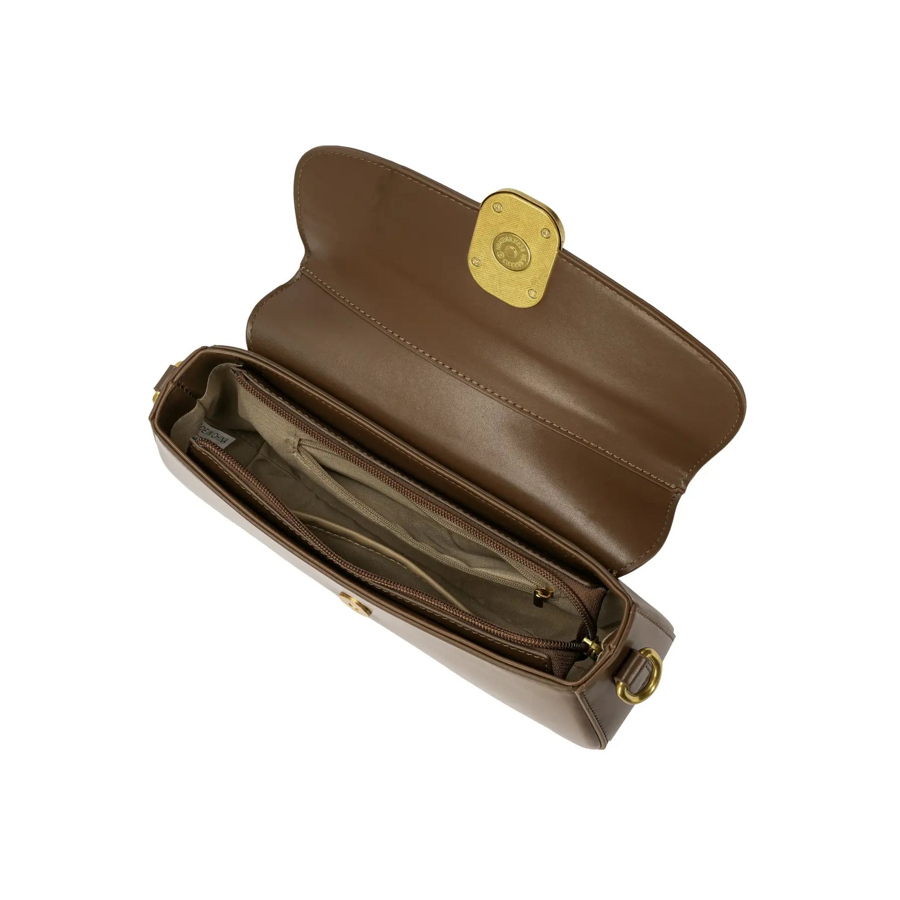 Visão superior da Bolsa Baguete Clarissa marrom aberta, mostrando a organização do espaço interno com múltiplos compartimentos e uma divisória central com zíper. Preto Caramelo Off White Marrom