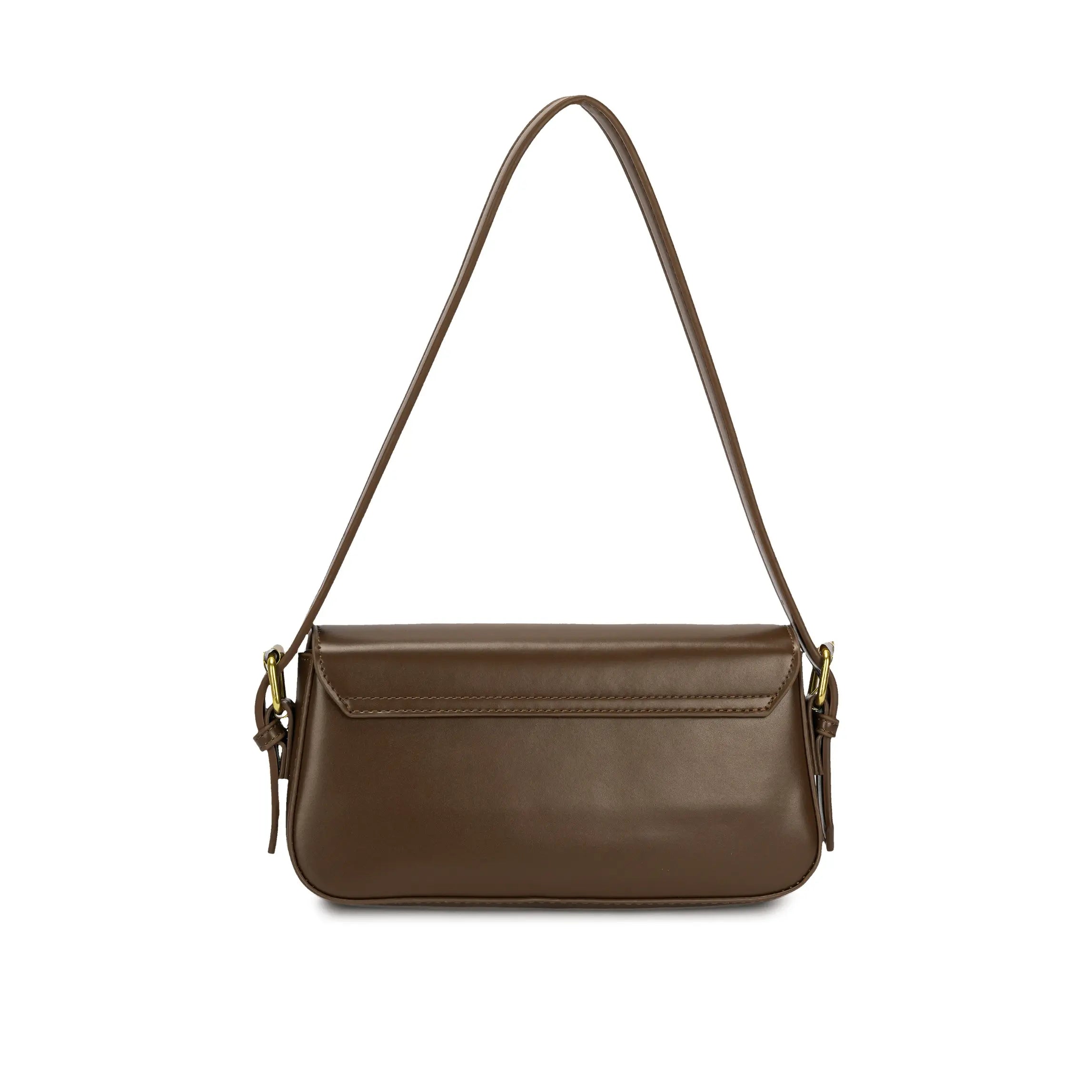 Visão da parte de trás da Bolsa Baguete Sophia marrom, destacando a costura limpa e a fixação das alças nas laterais. Preto Caramelo Off White Marrom