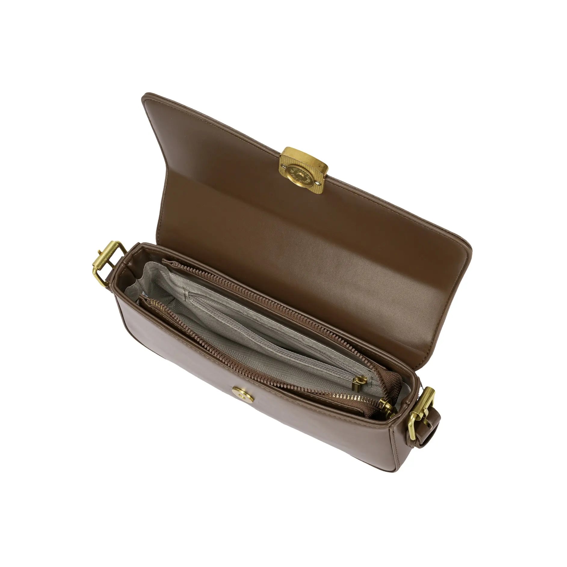 Visão superior da Bolsa Baguete Sophia marrom aberta, mostrando as duas divisórias internas principais e os bolsos com zíper no forro. Preto Caramelo Off White Marrom