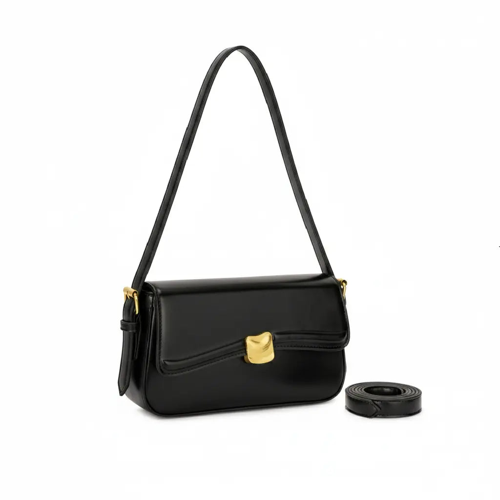 Visão frontal da Bolsa Baguete Sophia preta com design minimalista, detalhe do fecho dourado e alça transversal extra ao lado. Preto Caramelo Off White Marrom