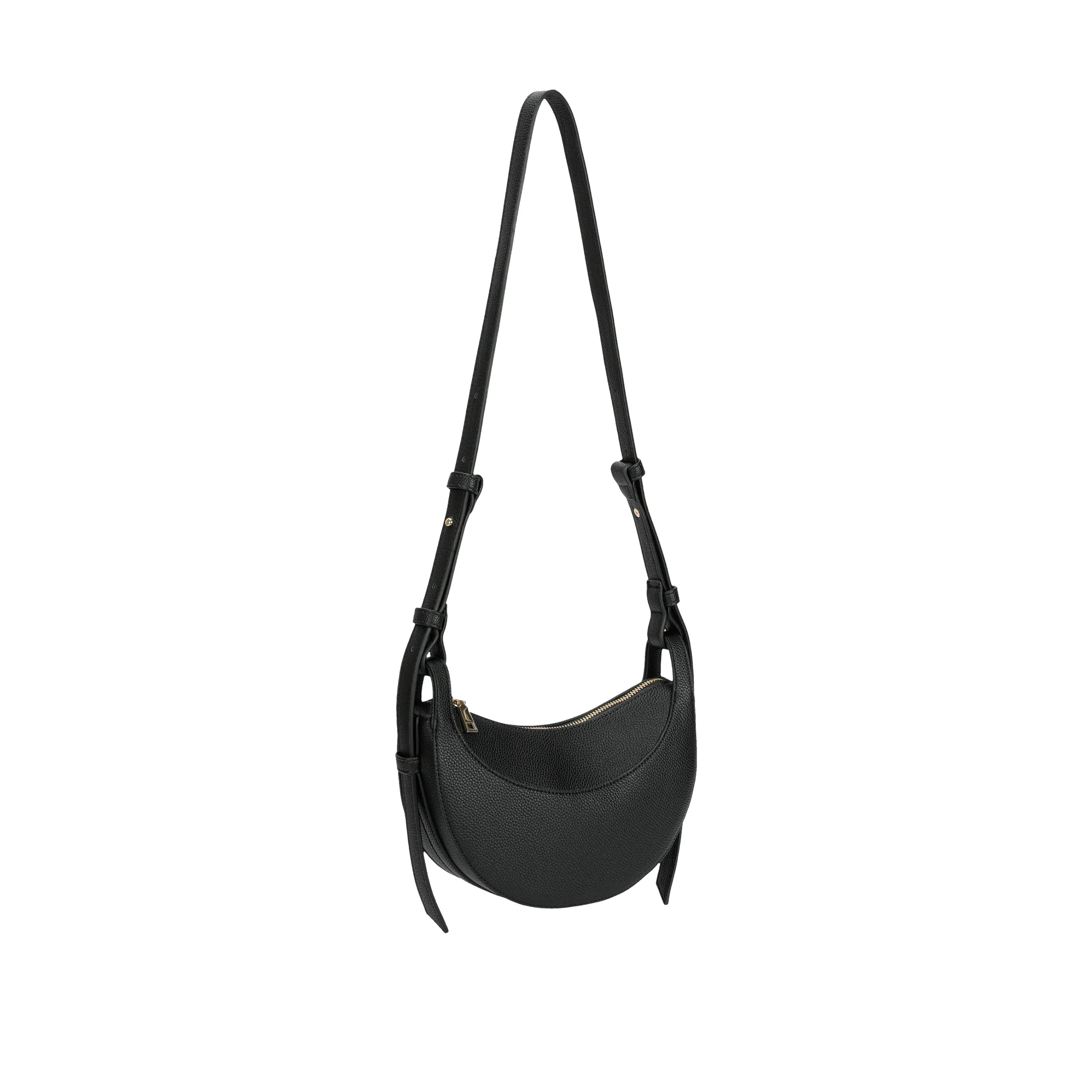 Visão frontal da Bolsa Baguete Victoria preta, com design minimalista, formato meia-lua e alça transversal lisa integrada ao corpo. Preto Caramelo Off White Vermelho