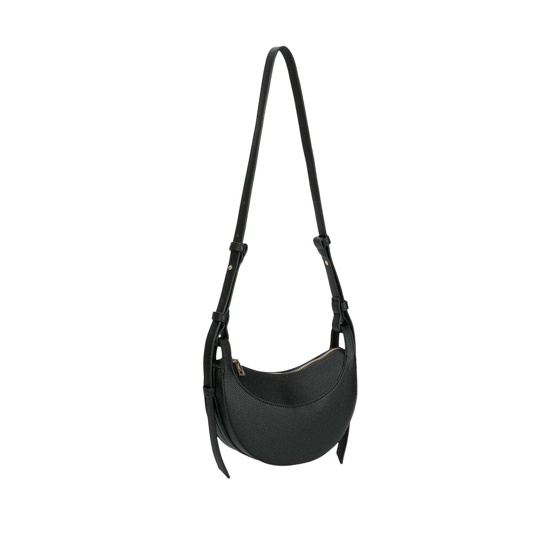 Bolsa Baguete Victoria preta em material texturizado, formato meia-lua, vista em ângulo pendurada pela alça de ombro ajustável. Preto [cor:Preto]