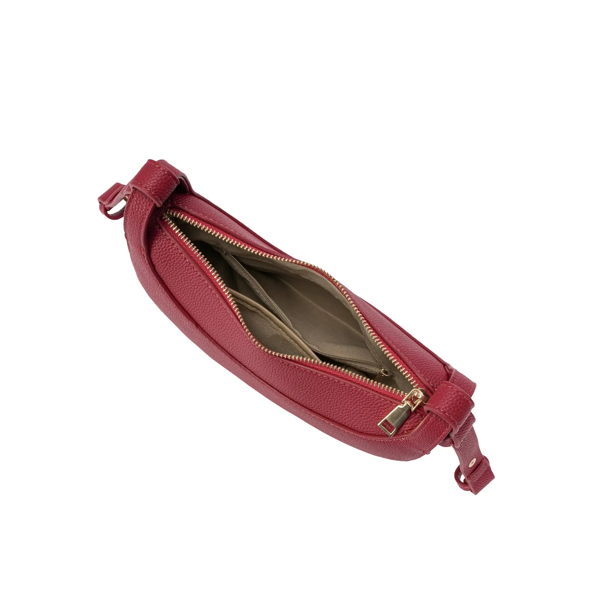 Visão superior da Bolsa Baguete Victoria vermelha aberta, exibindo o espaço interno bem estruturado, forro em tom claro e bolso interno com zíper. Preto Caramelo Off White Vermelho