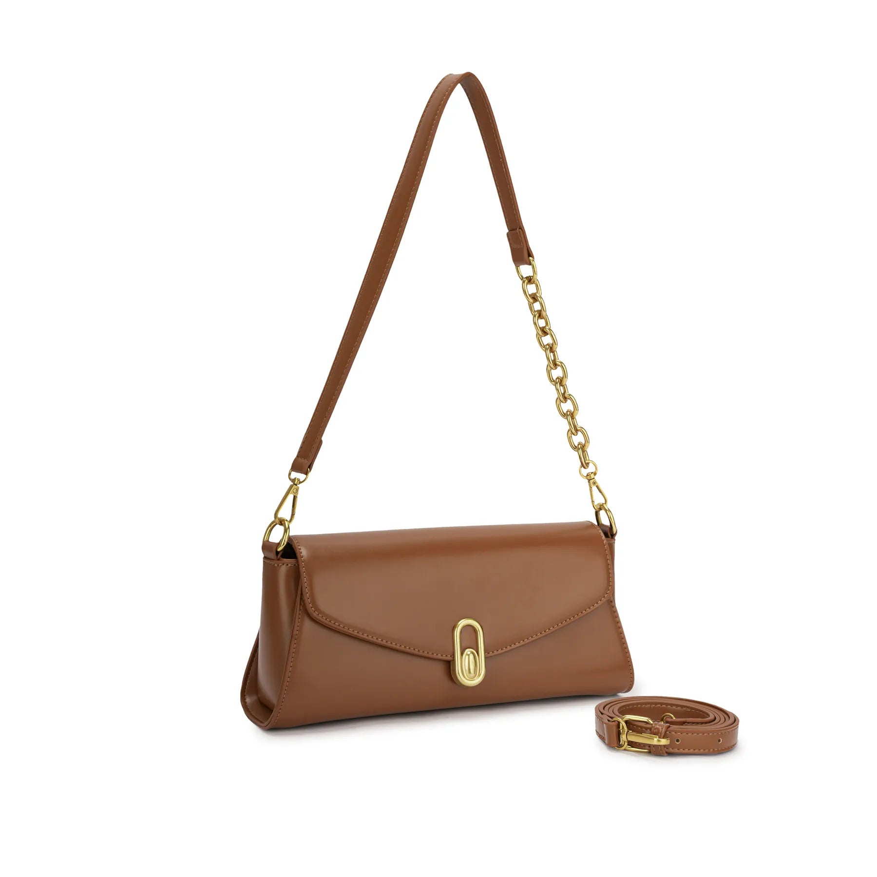 Bolsa Baguete Vivianne em material sintético liso caramelo com alça de ombro mista em corrente dourada e fecho frontal metálico. Caramelo [cor:Caramelo]