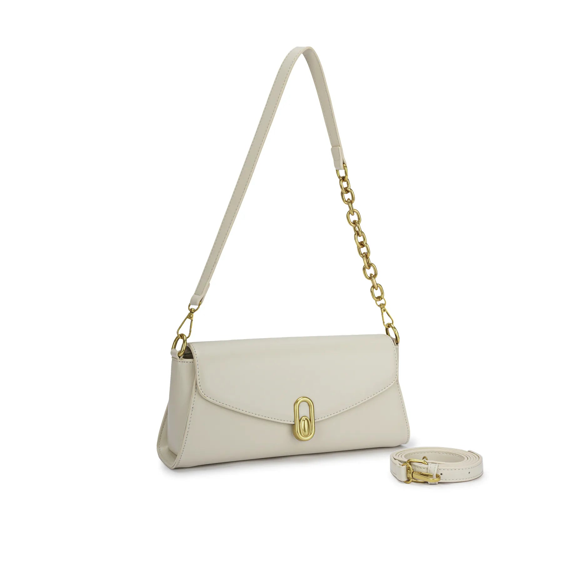 Bolsa Baguete Vivianne em material sintético liso off white com alça de ombro mista em corrente dourada e design de aba frontal. Off White [cor:Off White]
