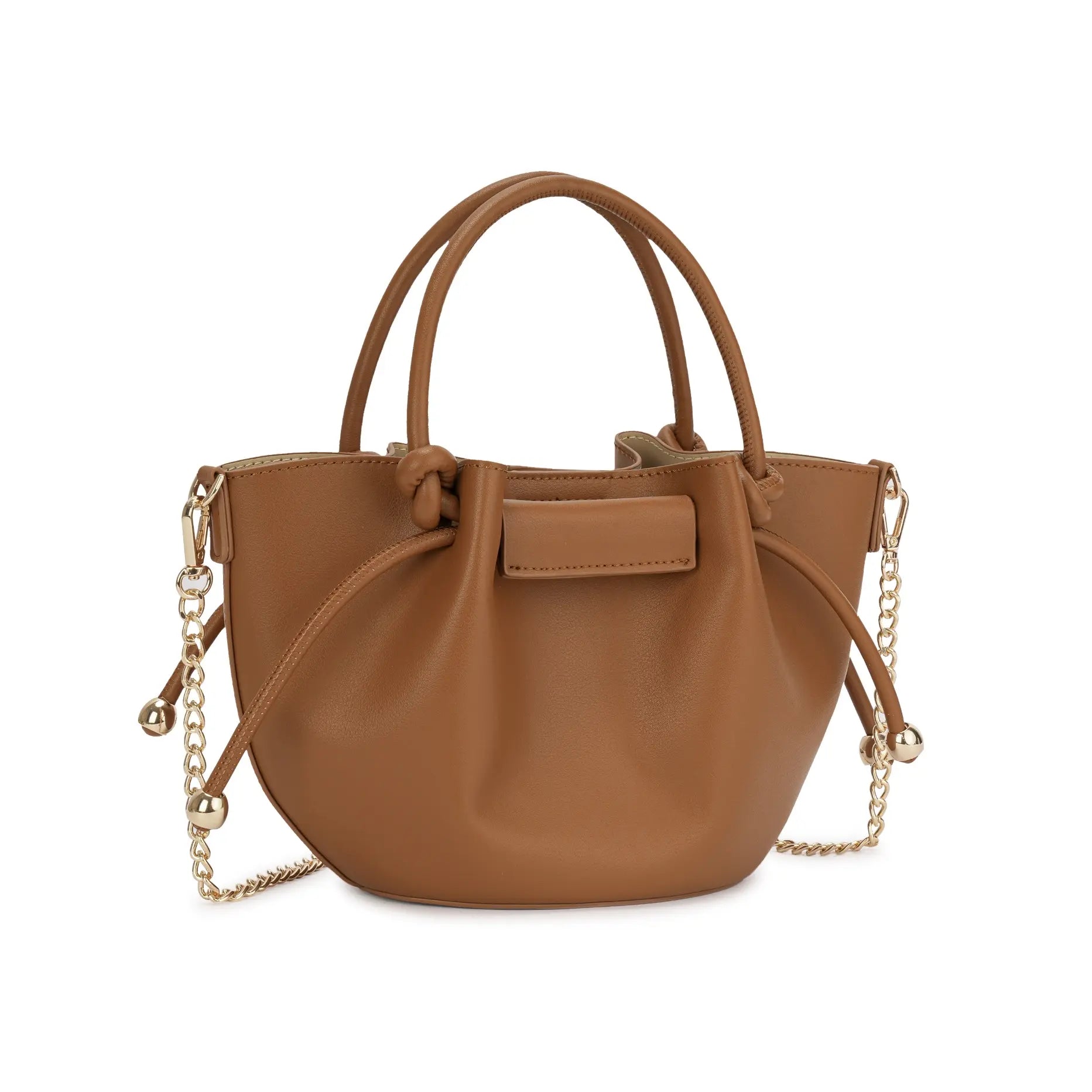 Visão frontal da Bolsa Bucket Beatrice caramelo, exibindo a estética sofisticada, o formato arredondado estilo bucket e os detalhes metálicos. Preto Caramelo Off White Bege