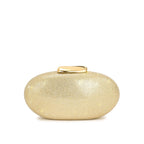 Vista frontal da bolsa clutch Melissa dourada, destacando o formato oval estruturado e a superfície cravejada de pedrarias brilhantes. Preto Dourado