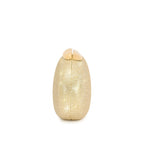 Perfil lateral da bolsa clutch Melissa dourada, mostrando sua estrutura rígida oval e o alinhamento perfeito do fecho metálico superior. Preto Dourado
