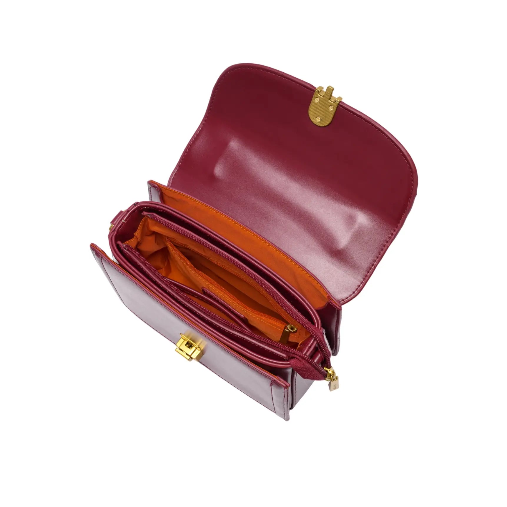 Visão superior da bolsa de mão Livia vinho totalmente aberta, revelando o forro interno em tom contrastante laranja, múltiplas divisórias organizadoras e compartimento central com zíper. Preto Caramelo Off White Bordô