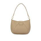 Visão da parte de trás da Bolsa Hobo Louise bege, destacando a costura limpa e a silhueta arredondada clássica do modelo. Preto Caramelo Off White Bege