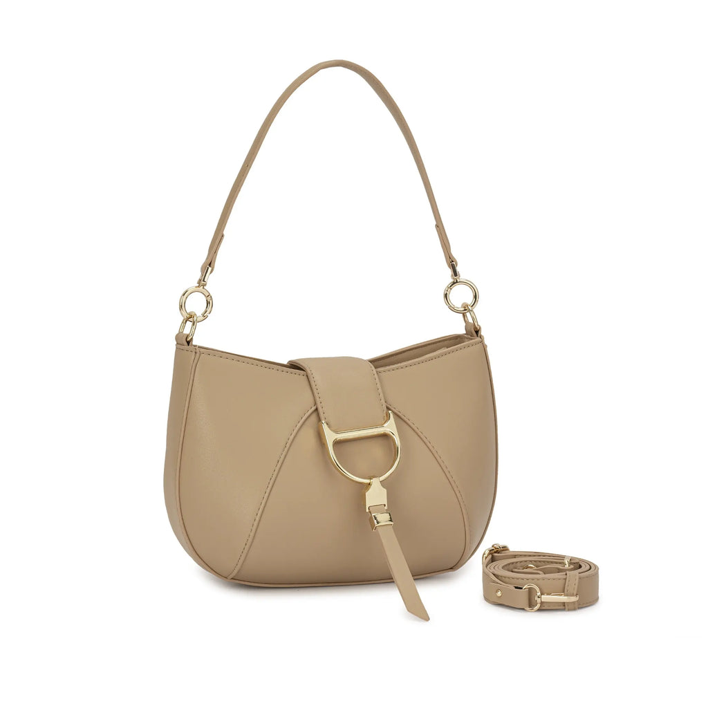 Visão frontal da Bolsa Hobo Louise bege, mostrando o acabamento liso em couro e o fecho com detalhe metálico. Preto Caramelo Off White Bege