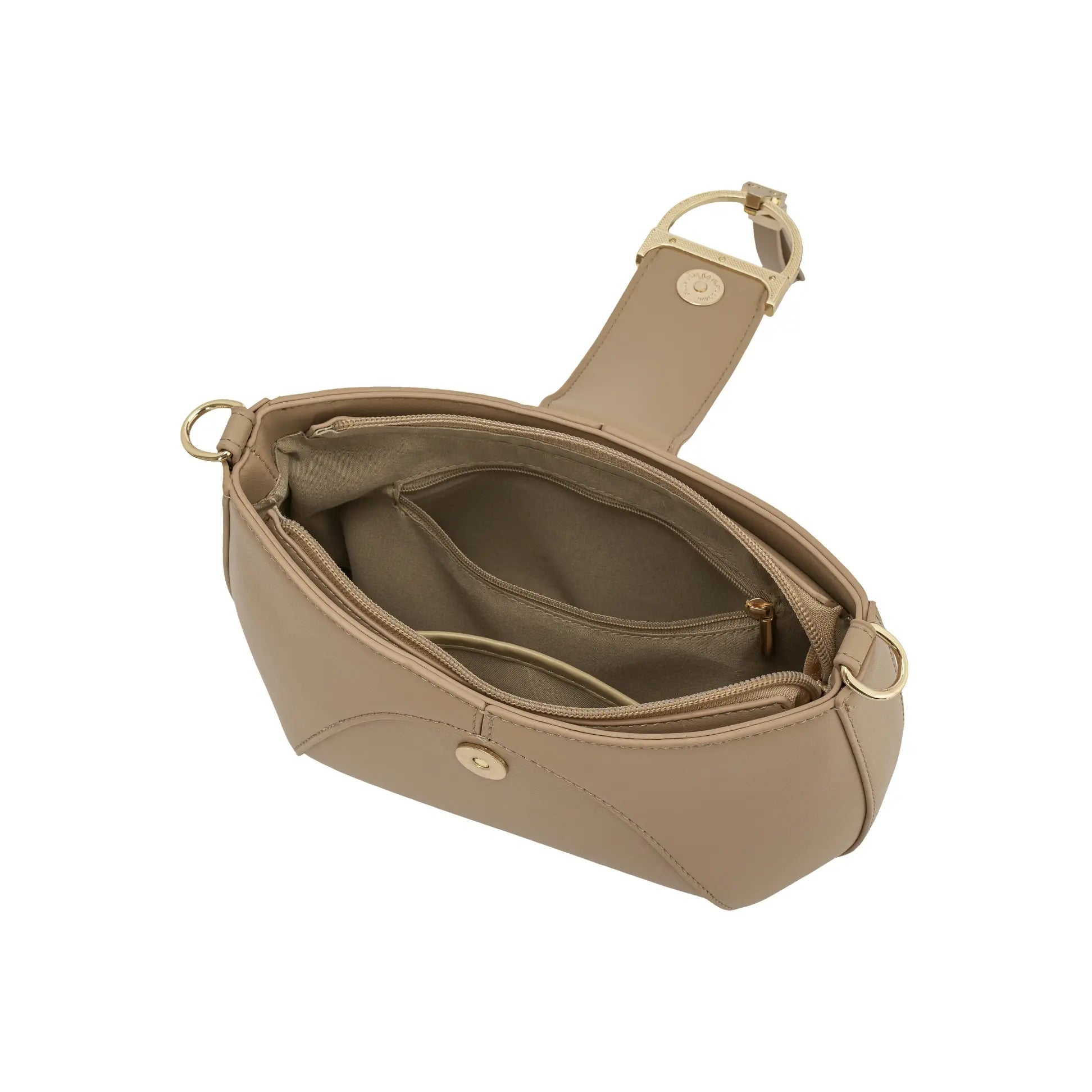 Visão superior da Bolsa Hobo Louise bege aberta, mostrando os amplos compartimentos internos, divisórias e bolsos com zíper. Preto Caramelo Off White Bege