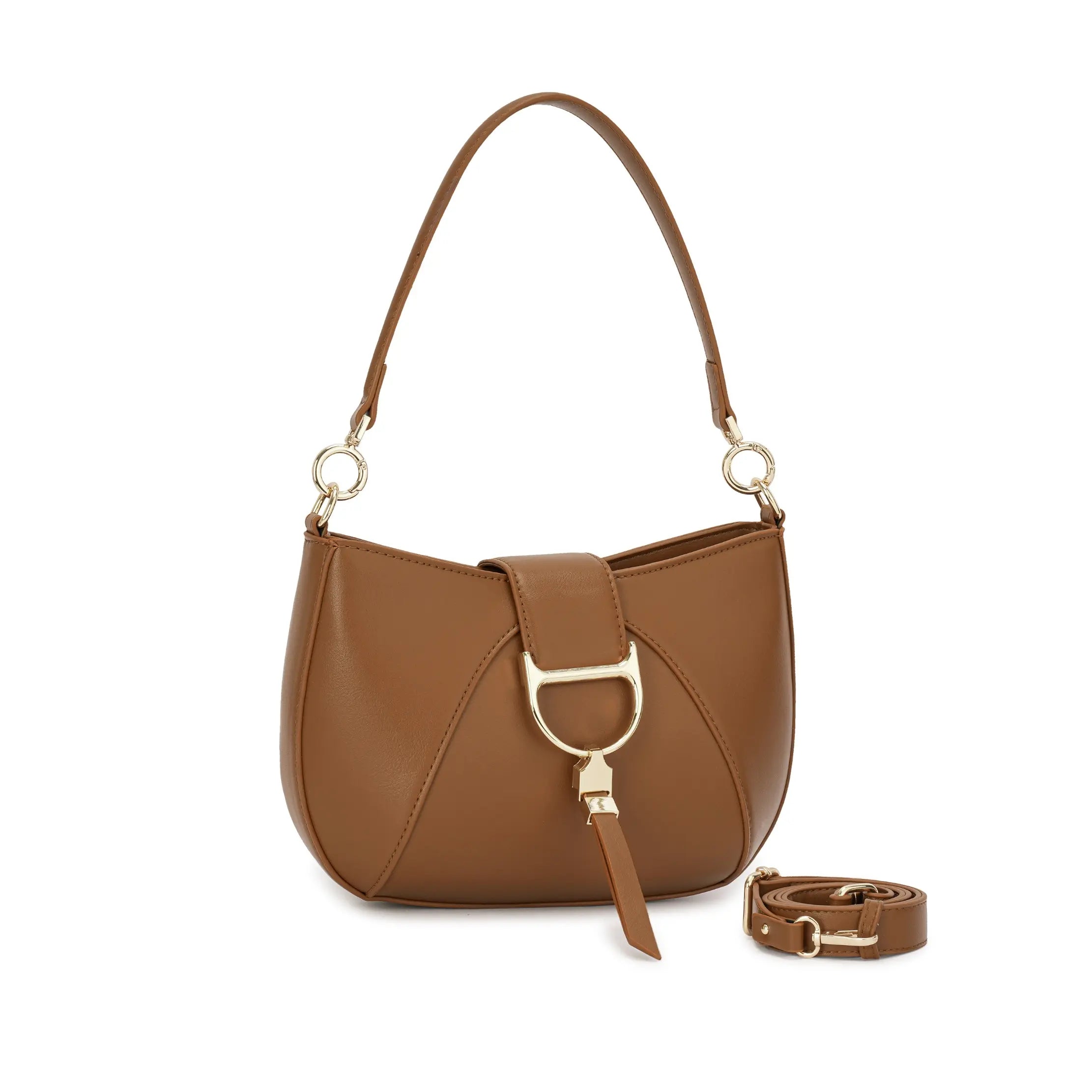 Visão frontal da Bolsa Hobo Louise caramelo, exibindo a alça de ombro estruturada e a alça transversal dupla. Preto Caramelo Off White Bege