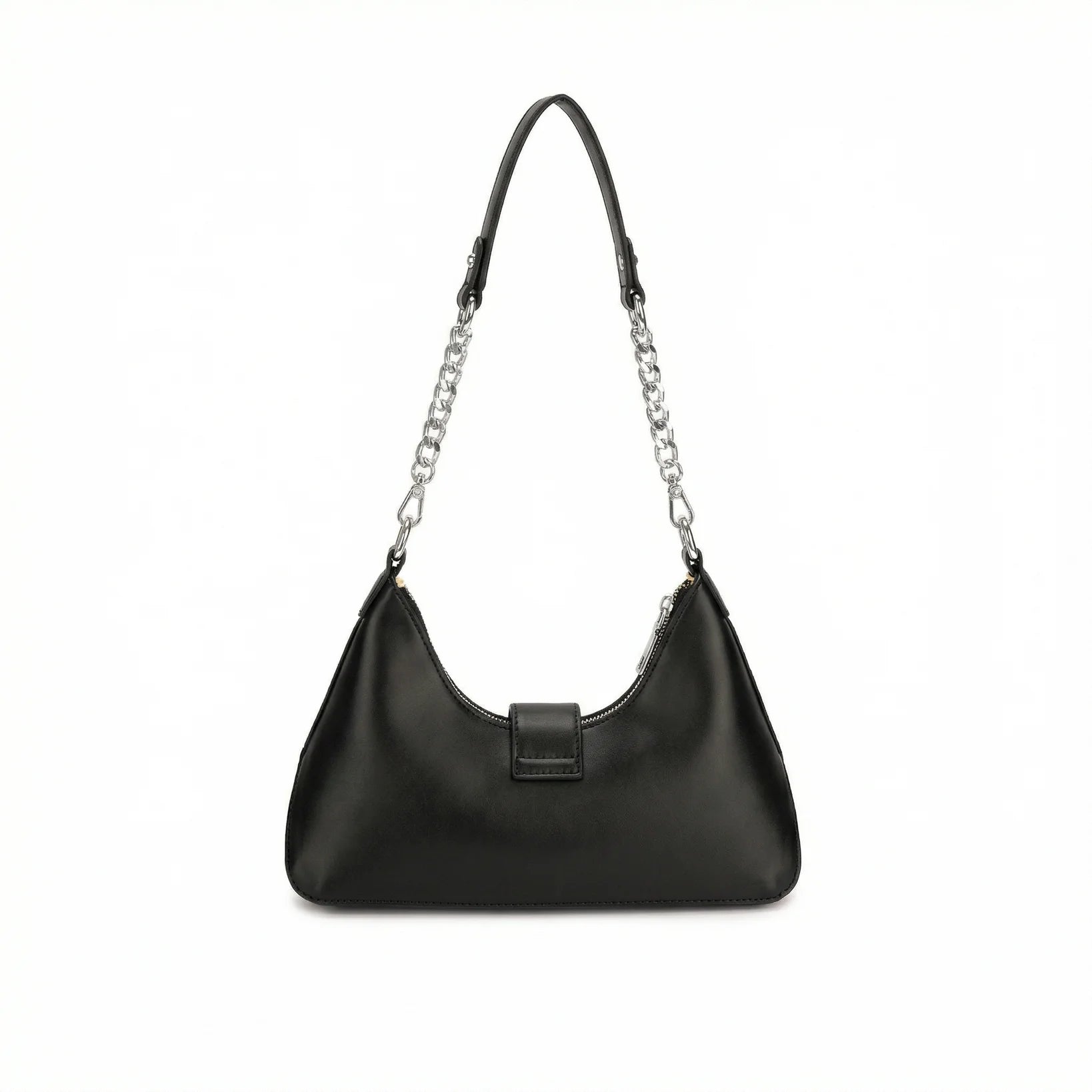 Vista traseira da bolsa hobo Talessa preta, com design curvado moderno, fecho central e alça de ombro elegante que combina a textura do material com elos de corrente.