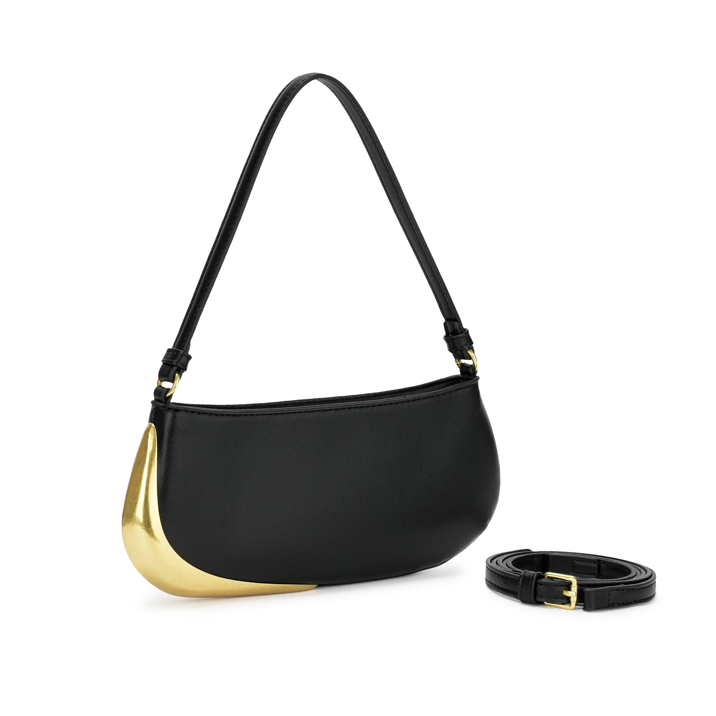 Bolsa mini baguete Catherine preta com detalhe metálico dourado na lateral. Vista em ângulo mostrando a alça de ombro curta e a alça longa transversal ao lado. Preto Off White