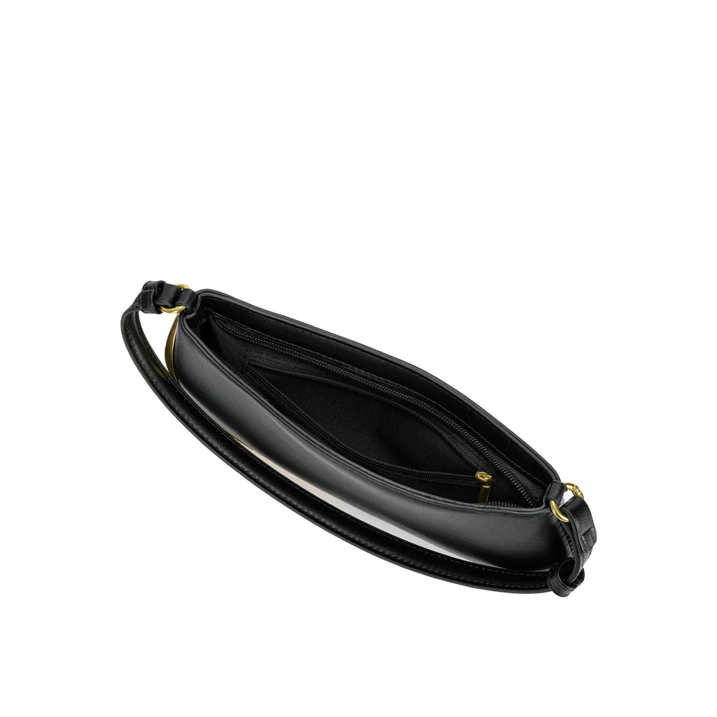 Vista superior do interior da bolsa mini baguete Catherine preta aberta, revelando o espaço interno, forro escuro e um bolso de segurança com zíper. Preto Off White