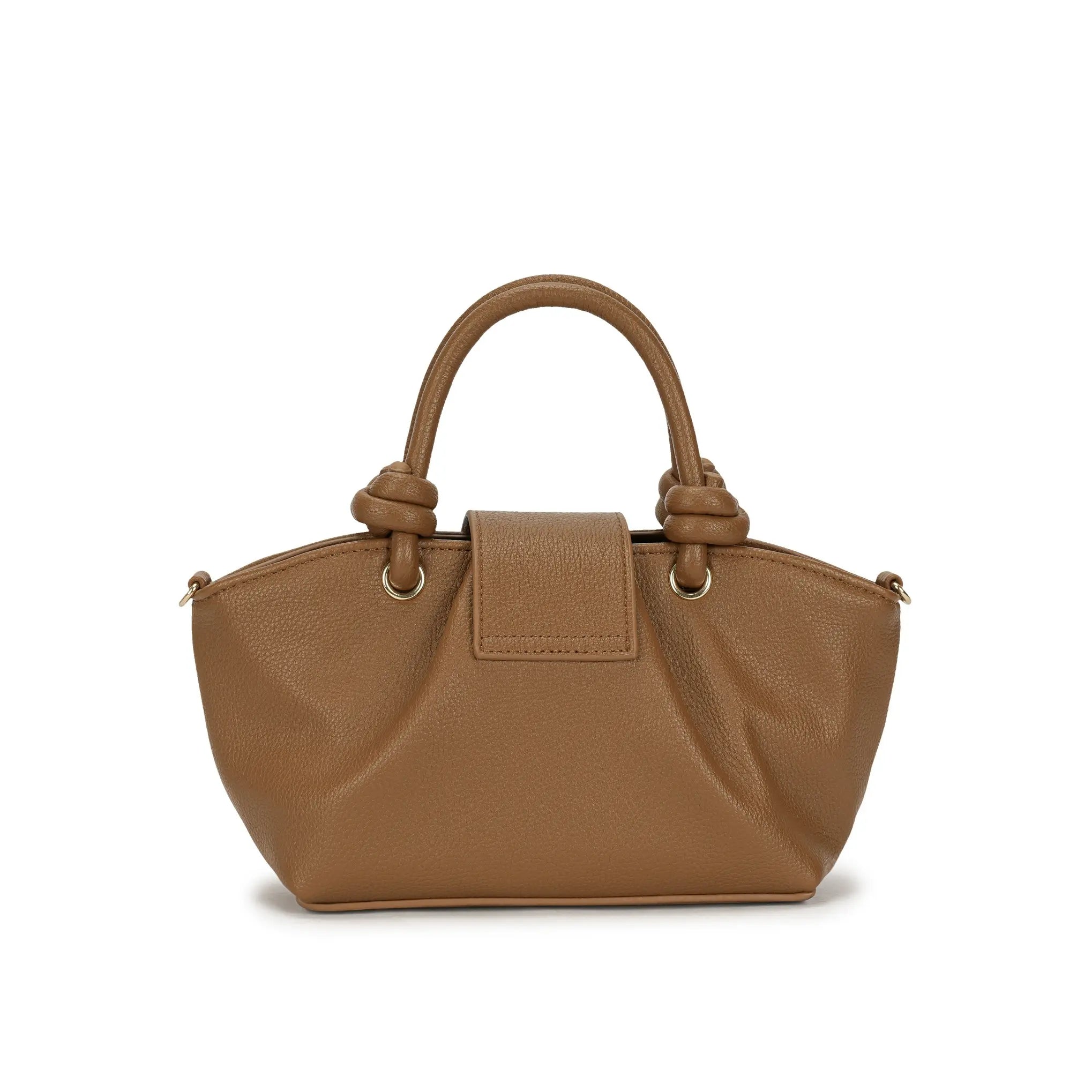 Visão de trás da Bolsa Mini Tote Luna marrom, enfatizando o design de linhas curvas da borda superior e a aba central sobreposta. Preto Caramelo Off White