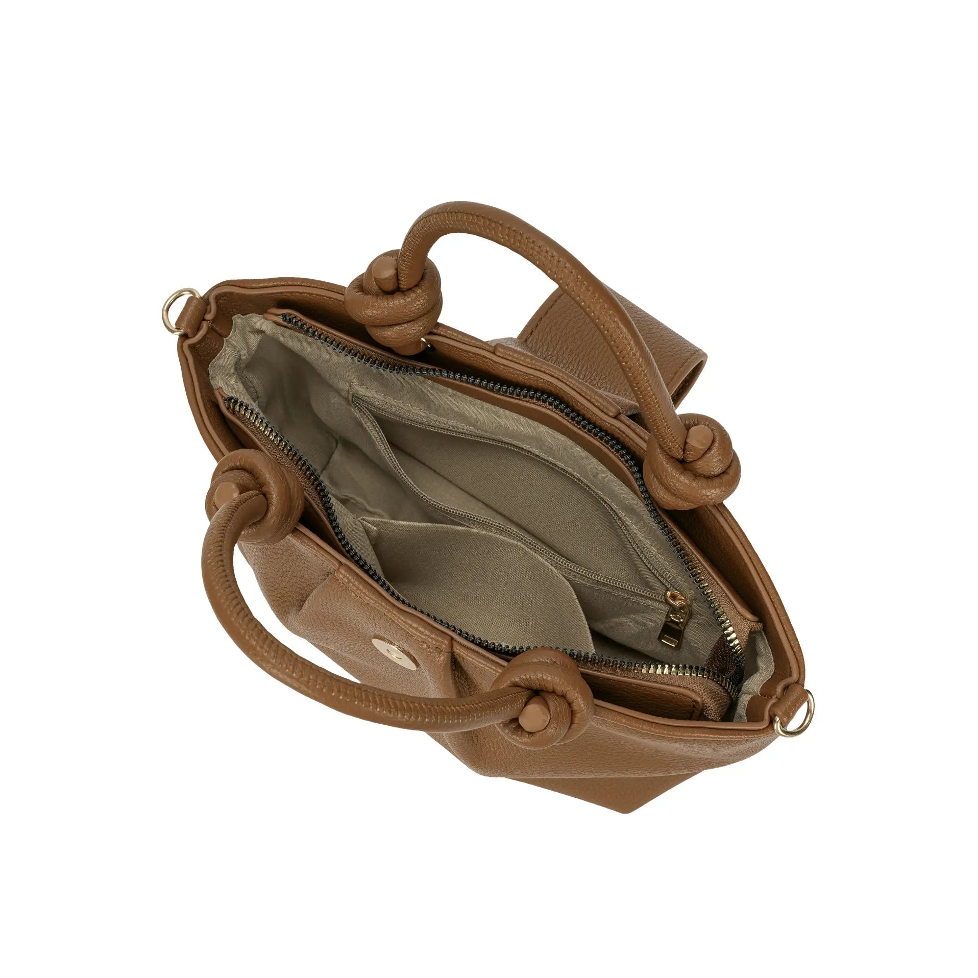 Visão superior da Bolsa Mini Tote Luna marrom aberta, mostrando a organização do espaço interno com divisórias práticas e bolso de segurança com zíper. Preto Caramelo Off White