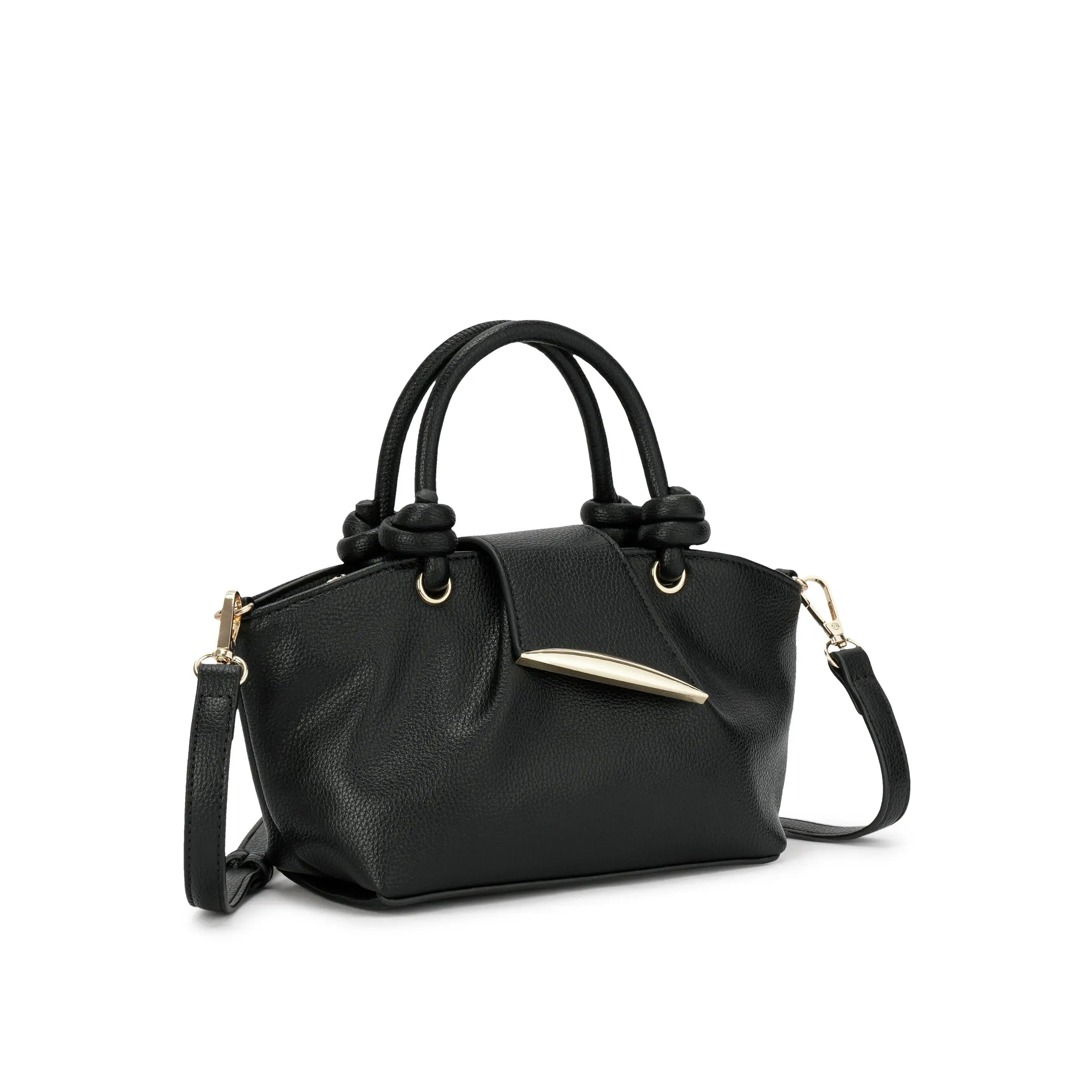 Visão frontal da Bolsa Mini Tote Luna preta, exibindo o design minimalista, alças duplas de mão com detalhe de nó e fecho metálico elegante. Preto Caramelo Off White