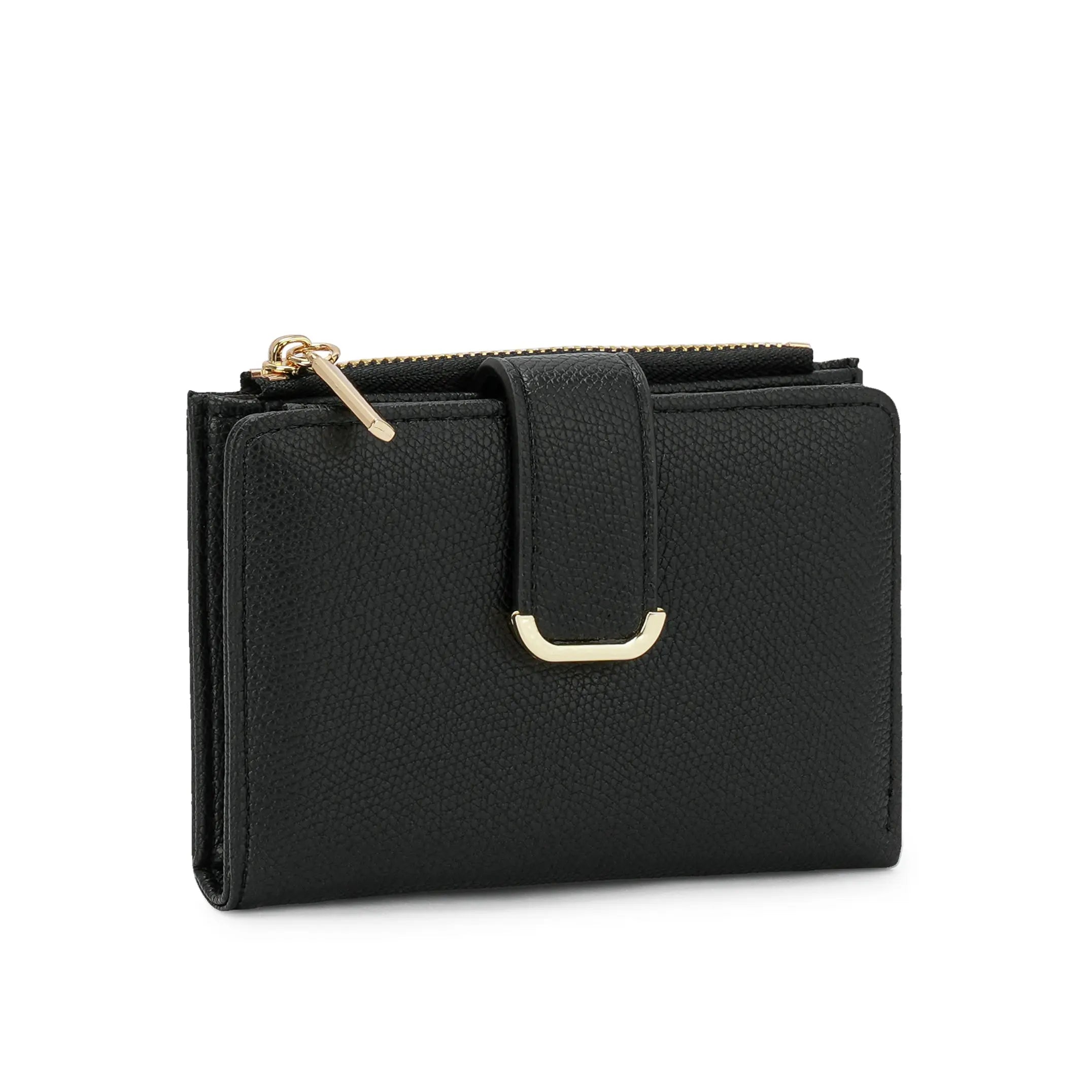 Carteira minimalista Rubia na cor preta, vista frontal exibindo a textura do material, zíper superior dourado e aba central de fechamento com detalhe metálico em formato de U. Preto Caramelo Branco Bordô Café Bege