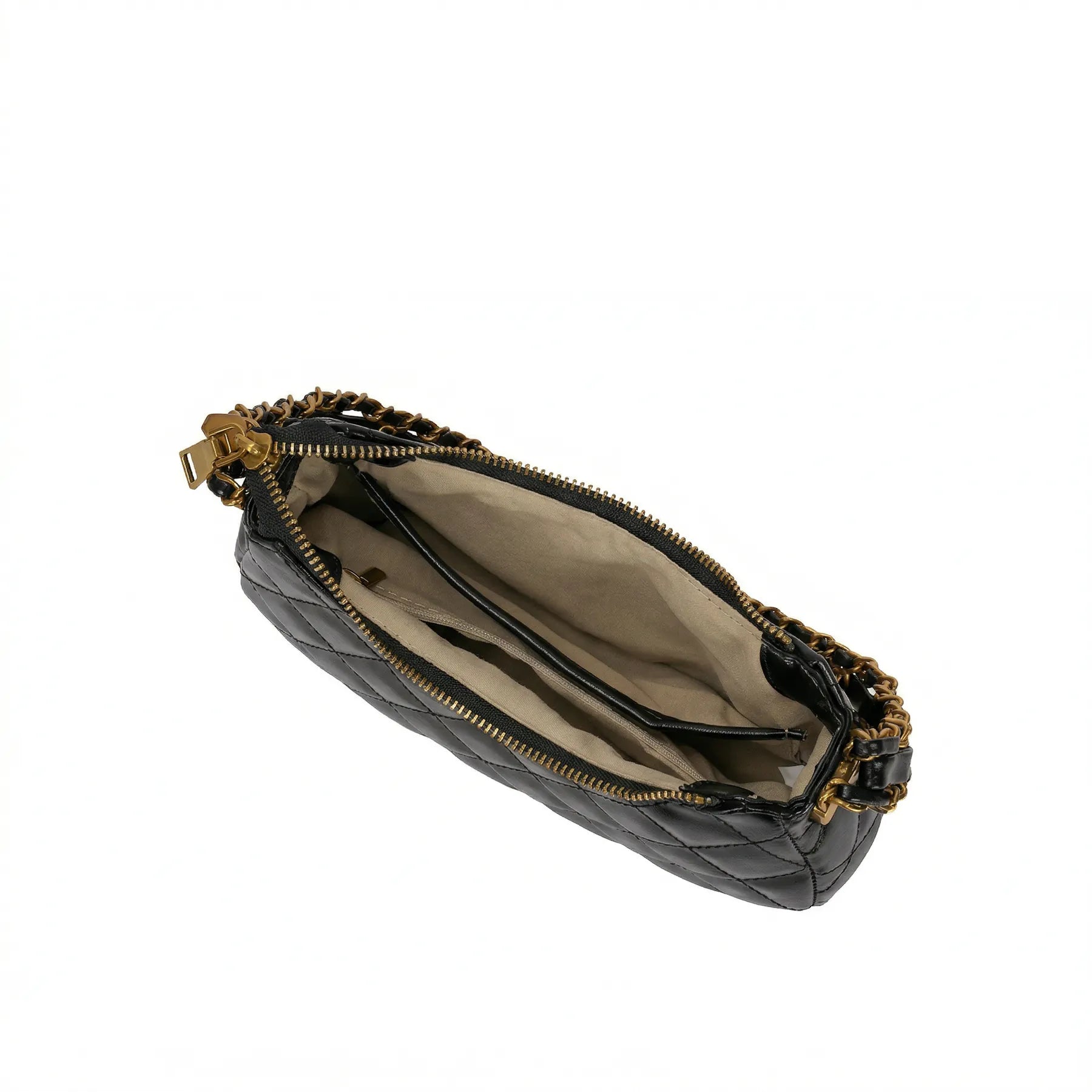 Interior da Bolsa Matelassê Amelia aberta mostrando o forro em tecido bege claro e compartimentos internos para organização. Preto [cor:Preto]