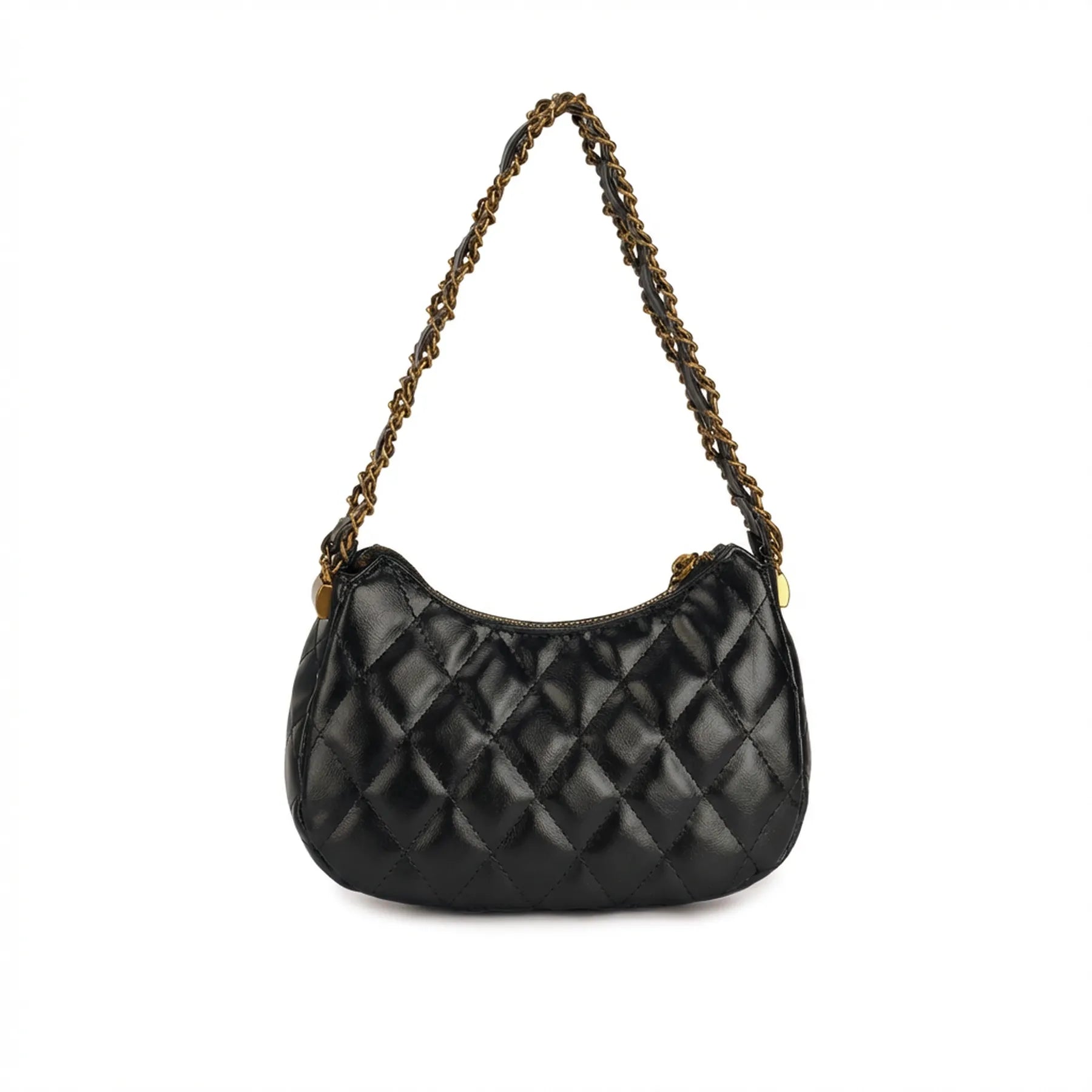 Design traseiro da Bolsa Matelassê Amelia preta destacando o padrão de costura acolchoada e o formato arredondado estilo hobo. Preto [cor:Preto]